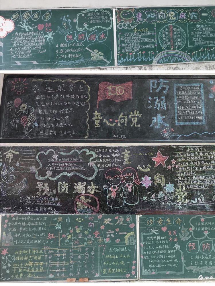 各班以"党旗引领我成长"为主题的黑板报.